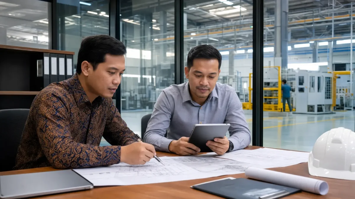 Tim kontraktor dan engineer meninjau gambar kerja di pabrik Cikarang