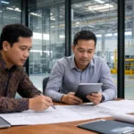 Tim kontraktor dan engineer meninjau gambar kerja di pabrik Cikarang