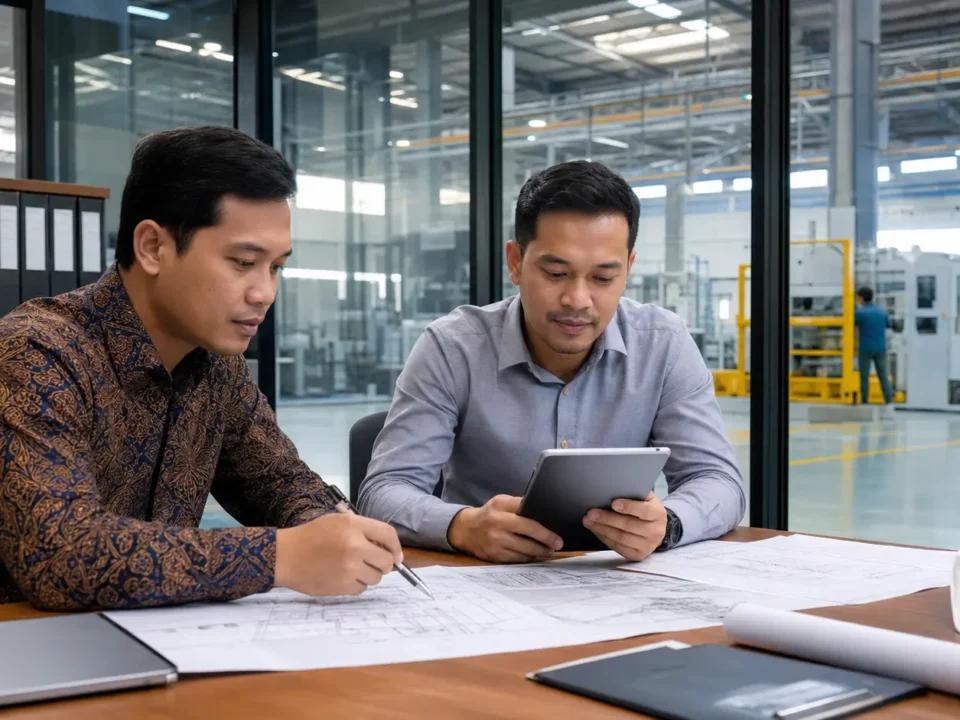 Tim kontraktor dan engineer meninjau gambar kerja di pabrik Cikarang