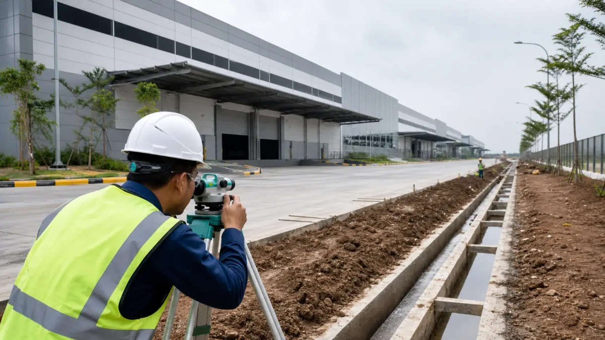 Surveyor mengukur drainase di depan fasilitas kawasan industri Cikarang