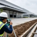 Surveyor mengukur drainase di depan fasilitas kawasan industri Cikarang