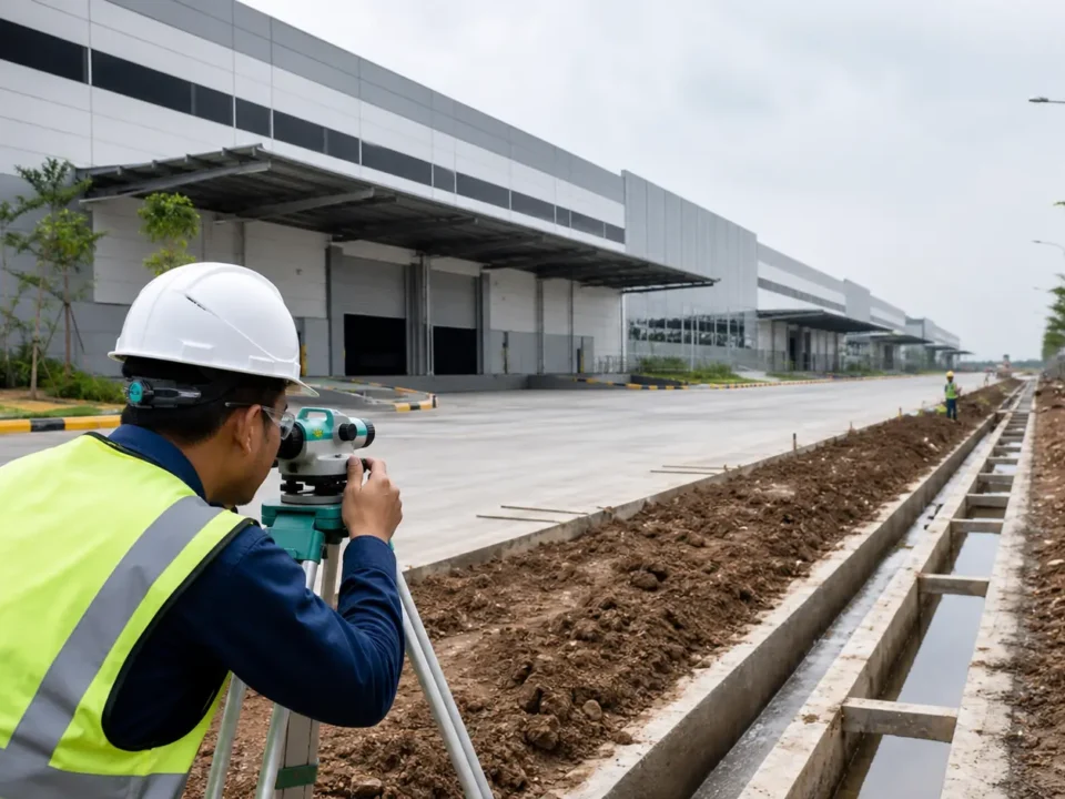 Surveyor mengukur drainase di depan fasilitas kawasan industri Cikarang