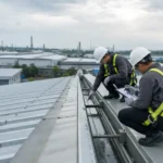 Perawatan Atap Pabrik Cikarang oleh teknisi yang memeriksa talang dan sambungan
