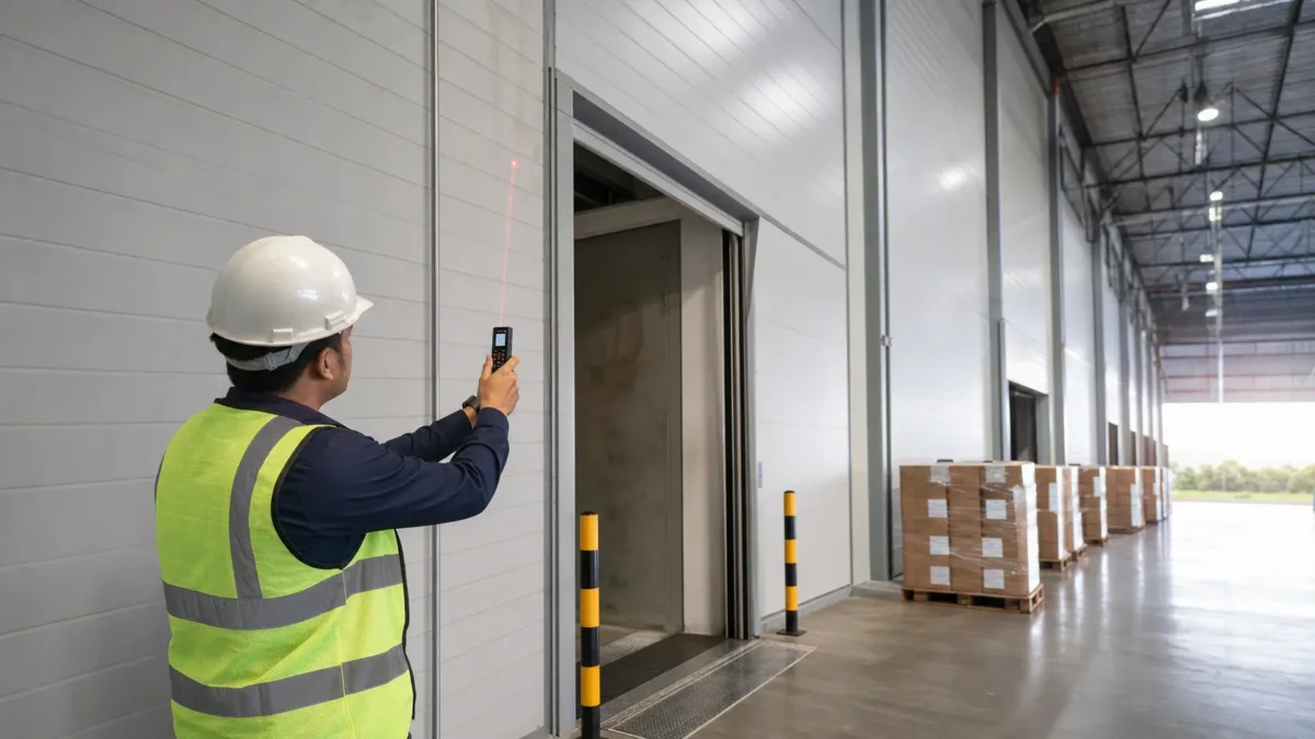 Engineer mengukur dinding gudang dan area loading di Cikarang