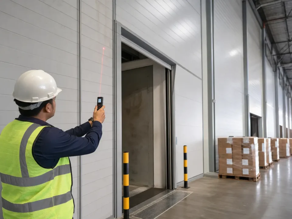 Engineer mengukur dinding gudang dan area loading di Cikarang