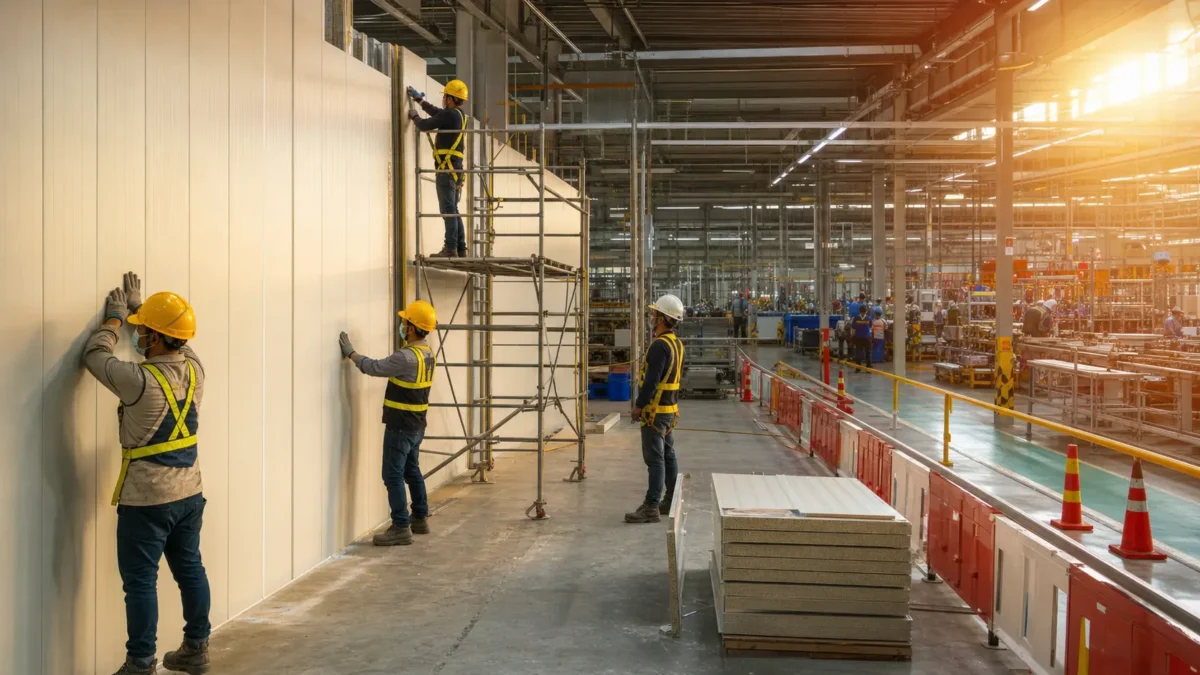 Pekerja memasang sandwich panel saat renovasi pabrik Cikarang tetap berproduksi
