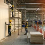 Pekerja memasang sandwich panel saat renovasi pabrik Cikarang tetap berproduksi