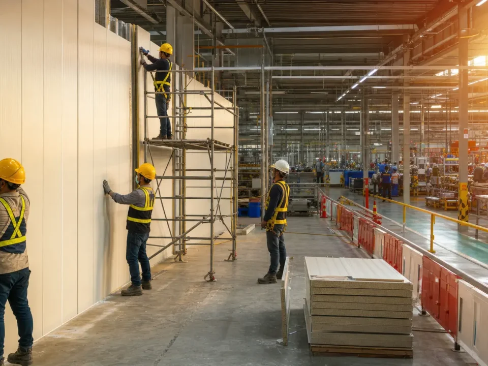 Pekerja memasang sandwich panel saat renovasi pabrik Cikarang tetap berproduksi