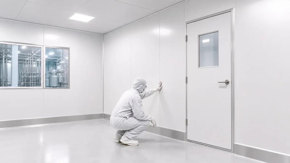 Teknisi memeriksa sambungan sandwich panel di cleanroom Cikarang