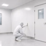 Teknisi memeriksa sambungan sandwich panel di cleanroom Cikarang