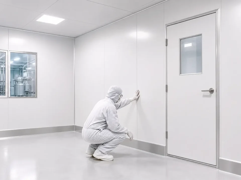 Teknisi memeriksa sambungan sandwich panel di cleanroom Cikarang