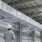 Teknisi memeriksa insulasi ducting di gudang industri Cikarang