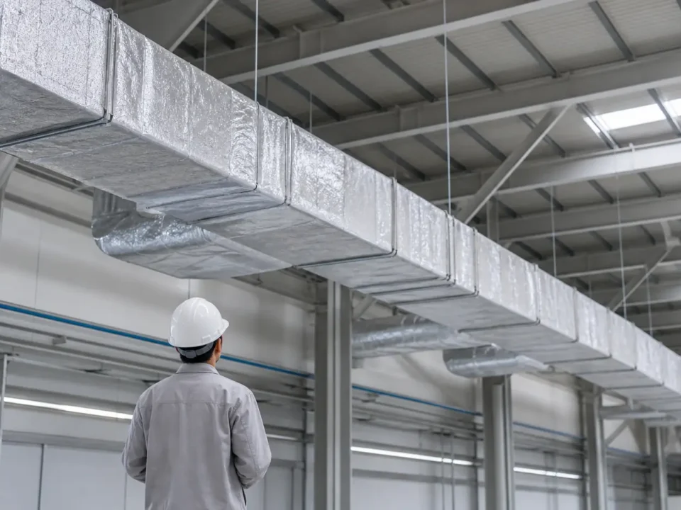 Teknisi memeriksa insulasi ducting di gudang industri Cikarang