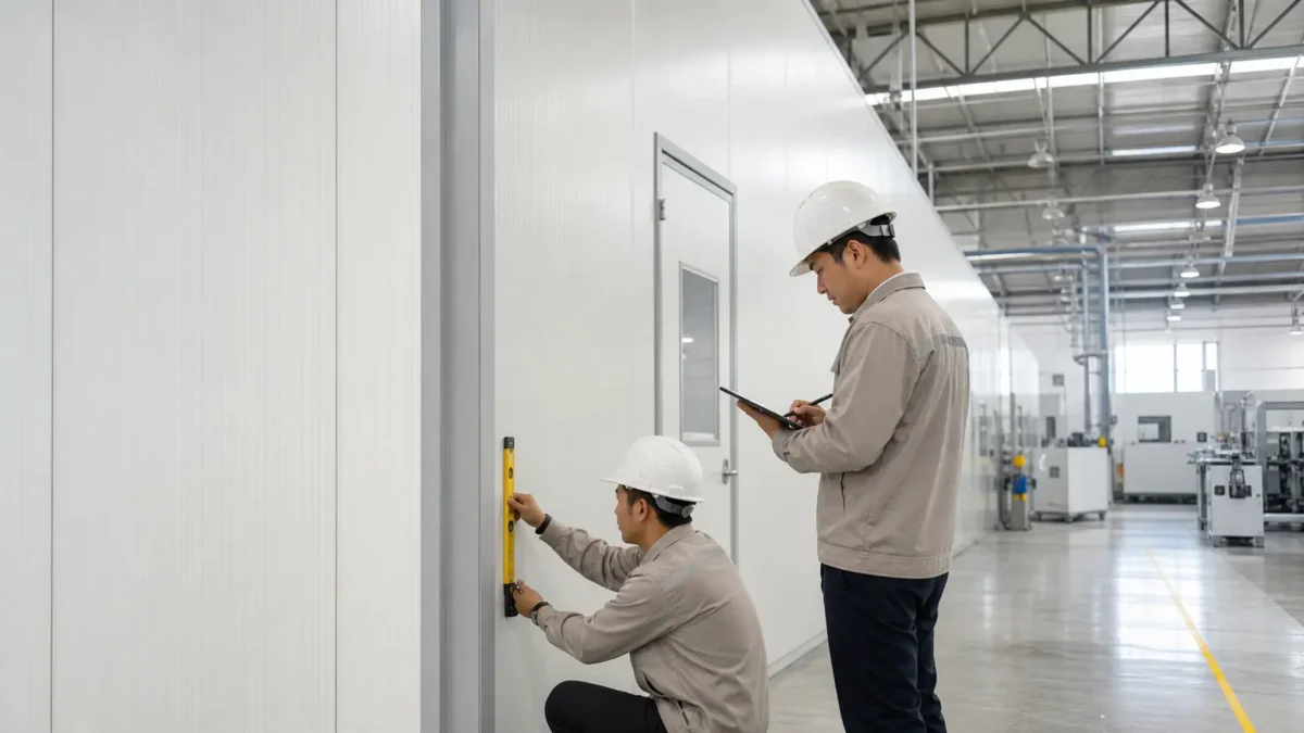 Engineer memeriksa pemasangan partisi modular pada area produksi pabrik Cikarang