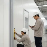 Engineer memeriksa pemasangan partisi modular pada area produksi pabrik Cikarang