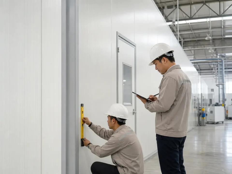 Engineer memeriksa pemasangan partisi modular pada area produksi pabrik Cikarang
