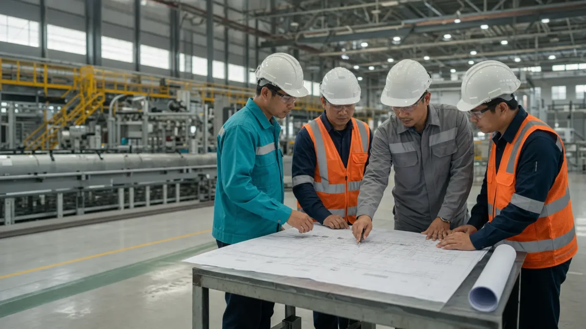 Tim engineering meninjau rencana shutdown pabrik di Cikarang bersama vendor