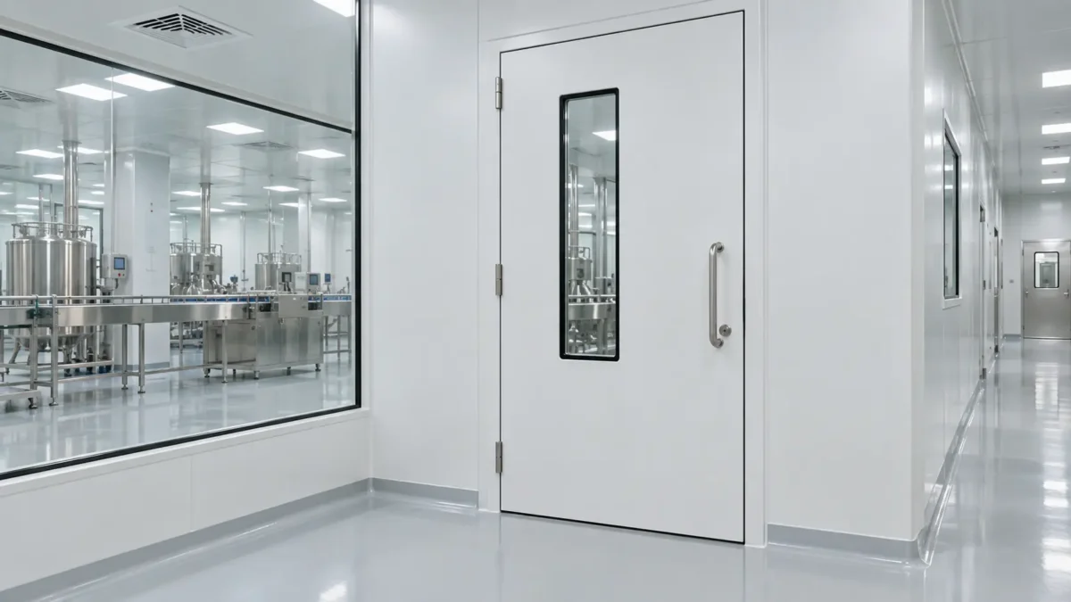 Pintu cleanroom Cikarang dengan panel higienis dan jendela pengamatan pada area produksi