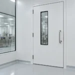 Pintu cleanroom Cikarang dengan panel higienis dan jendela pengamatan pada area produksi