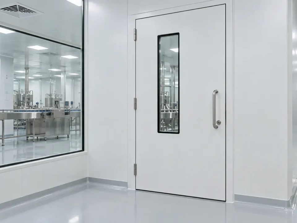 Pintu cleanroom Cikarang dengan panel higienis dan jendela pengamatan pada area produksi