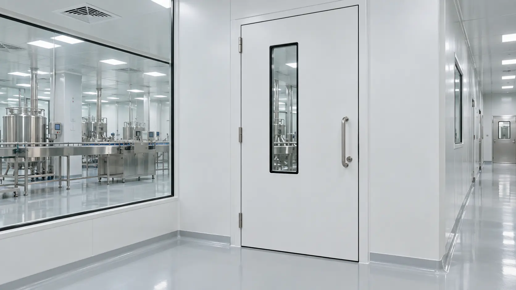 Pintu cleanroom Cikarang dengan panel higienis dan jendela pengamatan pada area produksi