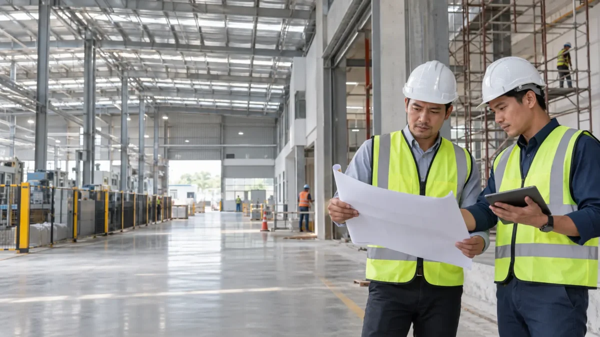 Tim proyek meninjau RAB renovasi pabrik Cikarang dan BOQ di area industri
