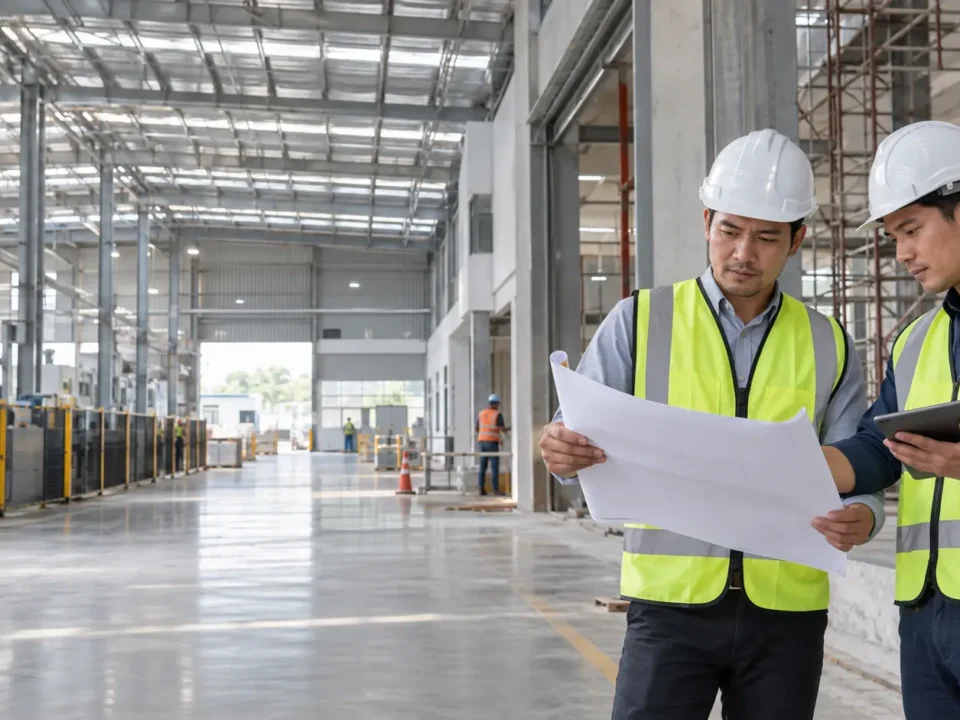 Tim proyek meninjau RAB renovasi pabrik Cikarang dan BOQ di area industri